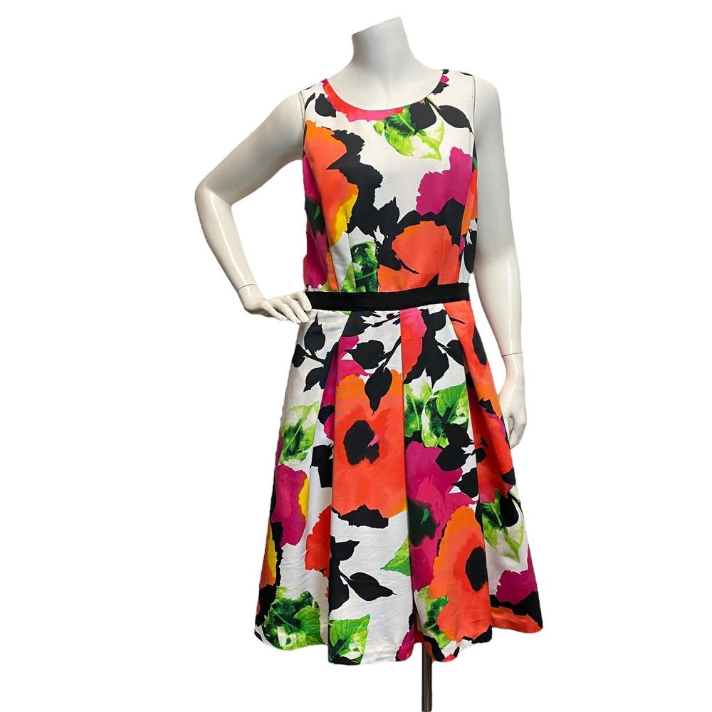 Eliza J Women's 10 Fit Flare Dress Pleated Floral Orange Red Black Keyhole Back